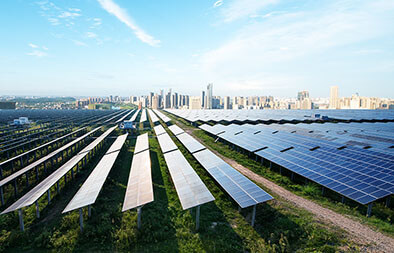 Birdseye view of solar panel buildings 
