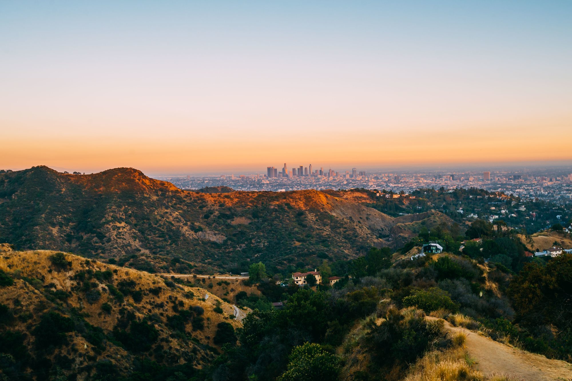 Los Angeles skyline behind hills