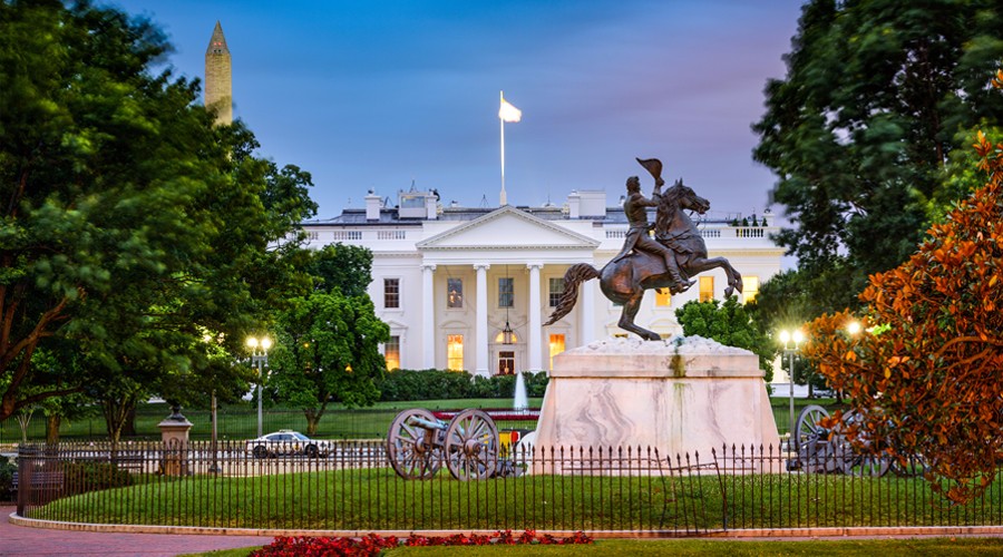 Ground view of the front of The White House in Washington D.C.