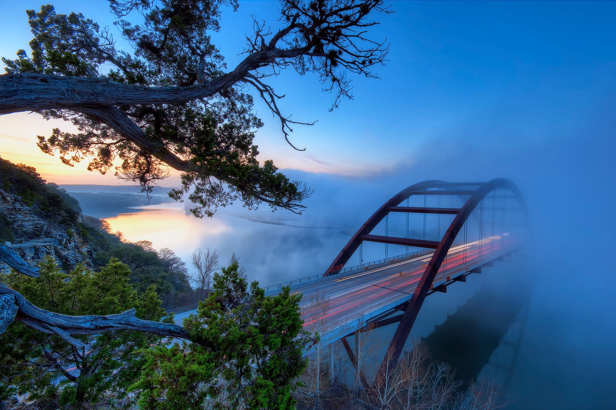 Pennybacker bridge in Texas partially covered by fog