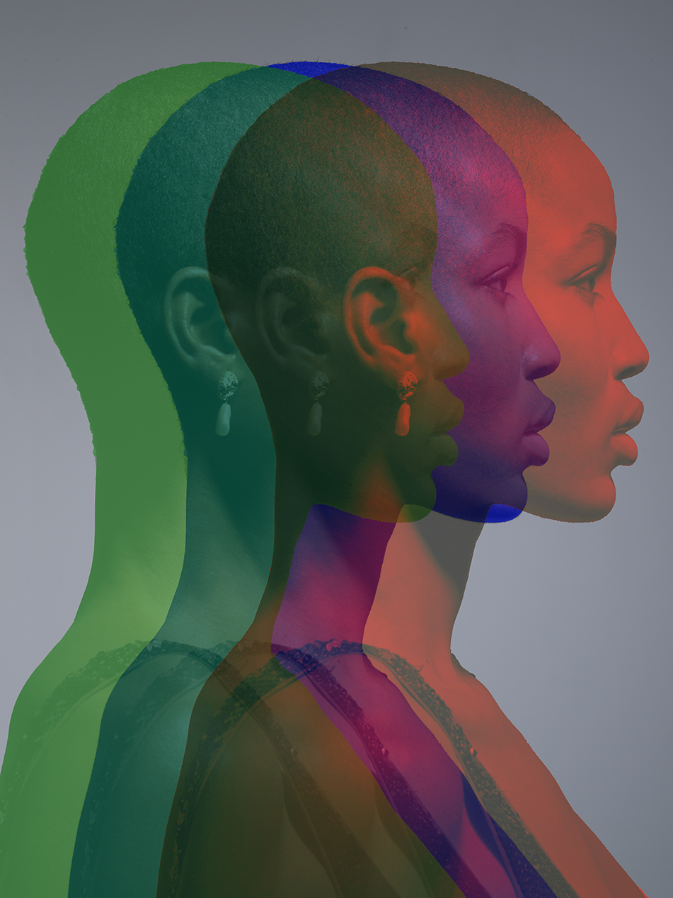 black female model in multi coloured print