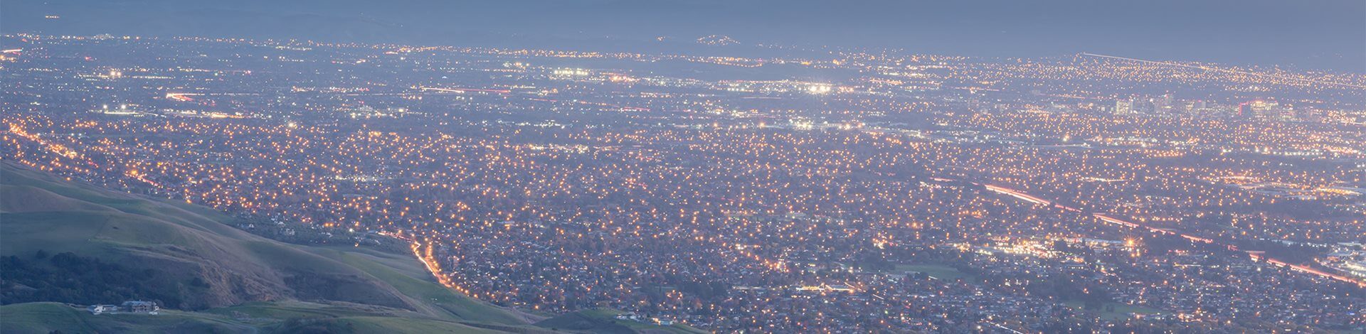 View over Silicon Valley from hill at dusk
