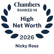 Recognition badge with navy text on white background for Nicky Rooz ranked in Chambers High Net Worth Guide 2026