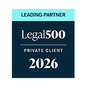 Legal 500 Leading Partner 2026 badge for Private Client services, featuring a teal and navy design with the Legal500 logo and the words ‘Leading Partner’ above ‘Private Client 2026’ 