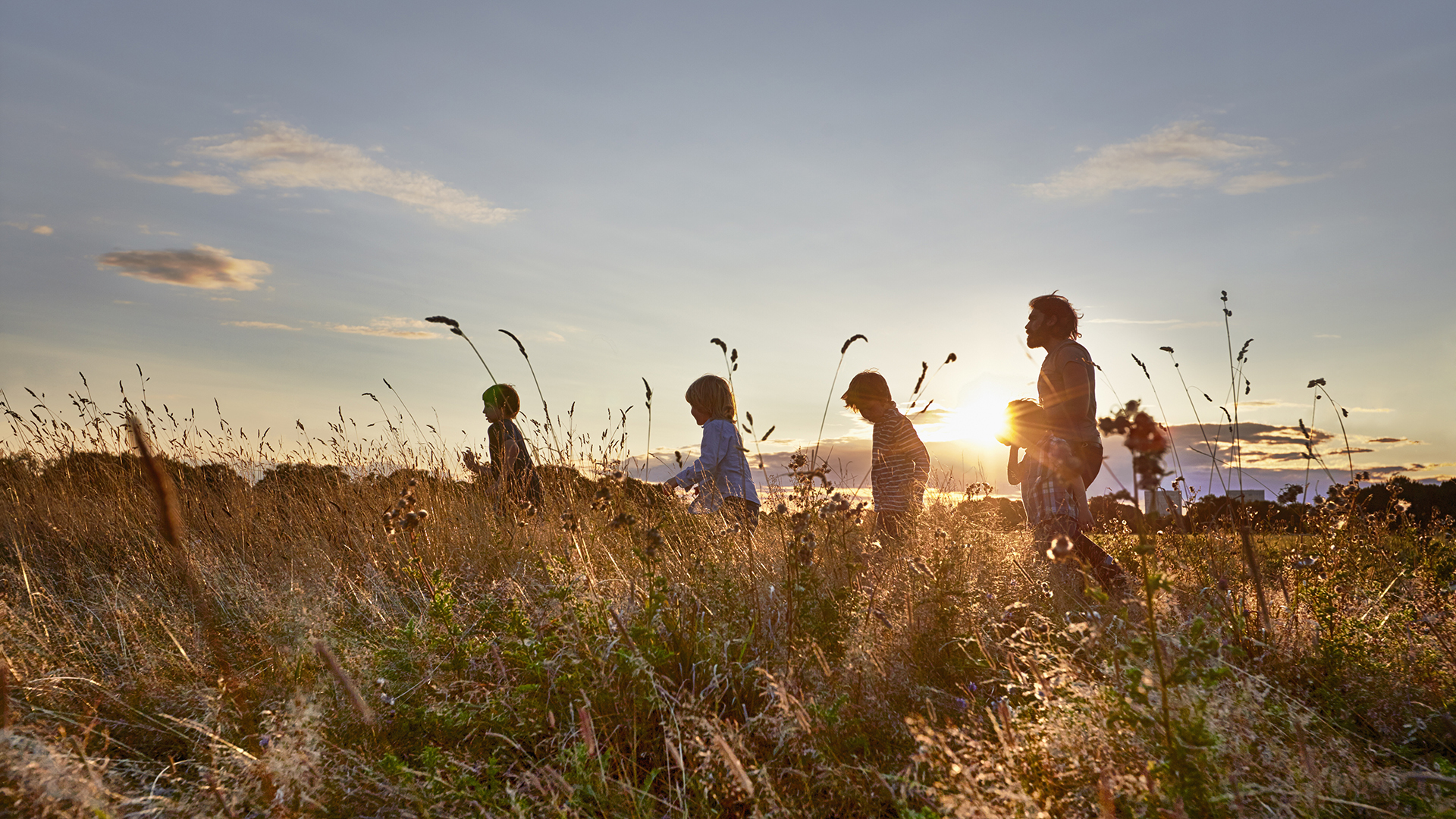 Family walking through field of long grass in sunset