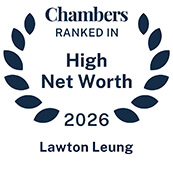 Recognition badge with navy text on white background for Lawton Leung ranked in Chambers High Net Worth Guide 2026