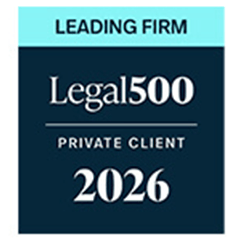 Legal 500 Private Client 2026 Leading Firm badge for a United States law firm recognized for excellence in art and cultural property law and private client services