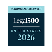 Navy and teal recognition badge for 2026 Legal 500 guide - recognized as a recommended lawyer for the United States