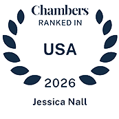 Chambers USA 2026 recognition badge awarded to Jessica Nall, recognizing her ranking in the Chambers USA guide for White-Collar Crime & Government Investigations in California