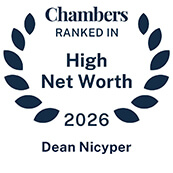 Recognition badge with navy text on white background for Dean Nicyper ranked in Chambers High Net Worth Guide 2026
