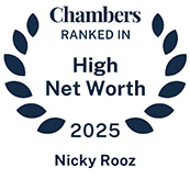 Recognition badge with navy text on white background for Nicky Rooz ranked in Chambers High Net Worth Guide for 2025