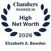 Recognition badge with navy text on white background for Elizabeth Bawden ranked in Chambers High Net Worth Guide 2026