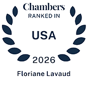 Chambers USA 2026 recognition badge awarded to Floriane Lavaud, recognizing her ranking in the Chambers USA guide for International Arbitration nationwide