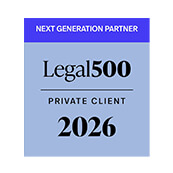 Legal 500 Next Generation Partner 2026 badge for Private Client services, featuring a purple and light blue design with the Legal500 logo and the words ‘Next Generation Partner’ above ‘Private Client'