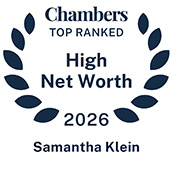 Recognition badge with navy text on white background for Samantha Klein top ranked in Chambers High Net Worth Guide 2026