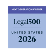 Navy and teal recognition badge for 2026 Legal 500 guide - recognized as a recommended lawyer for the United States