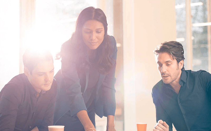 Two men and one woman in a business meeting