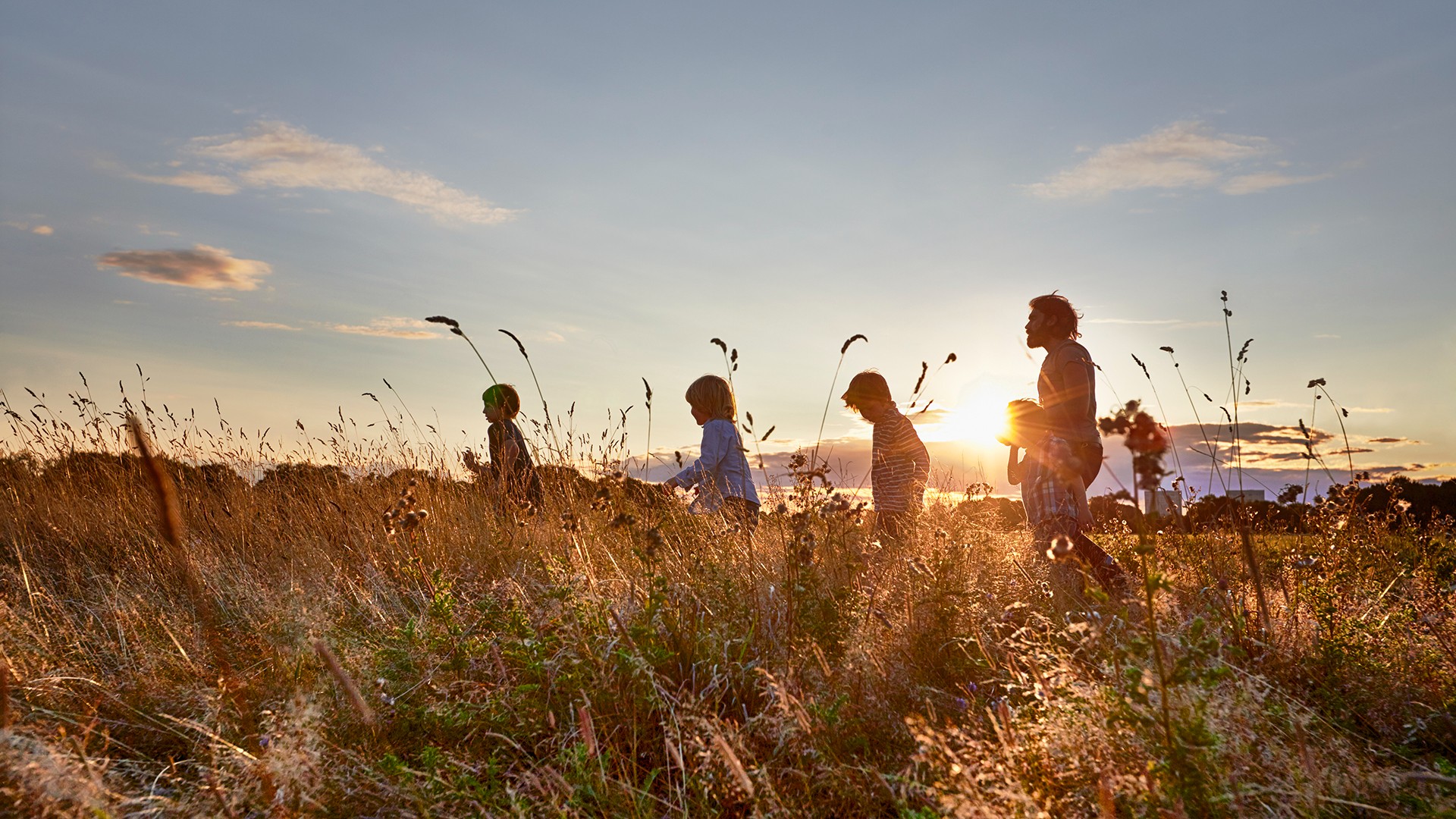 Family walking through field of long grass in sunset
