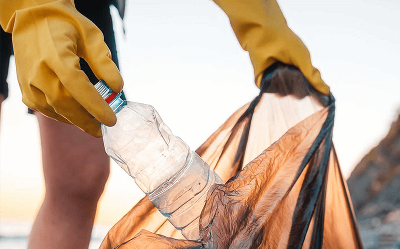 Person putting plastic water bottle into bin